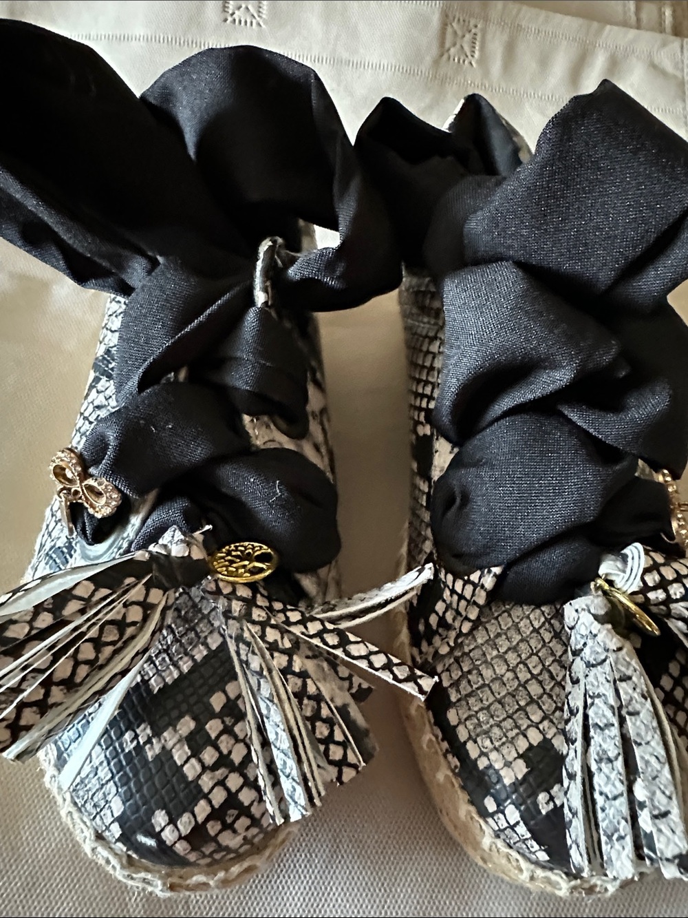 Womens Black Snake-Print Wedge Espadrilles with Tassels